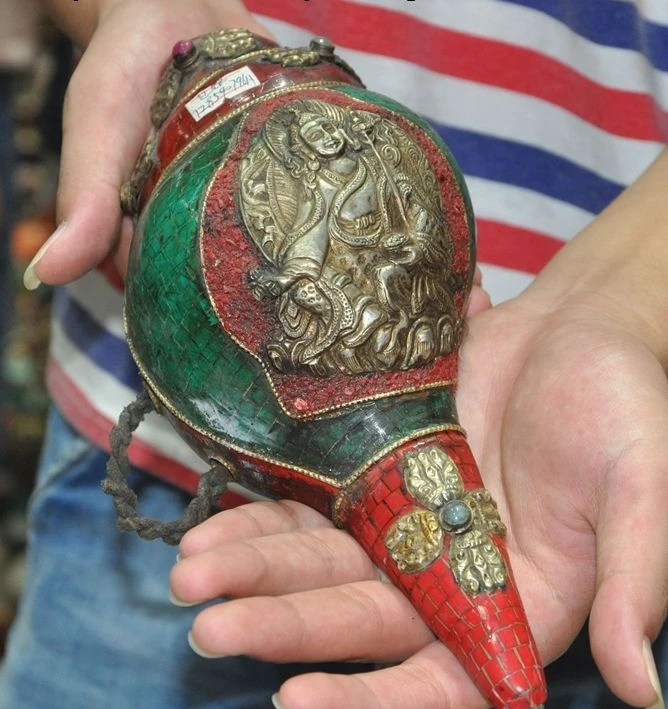

10" Collect tibet Silver Turquoise coral Padmasambhava Conch Shell Trumpet Horn