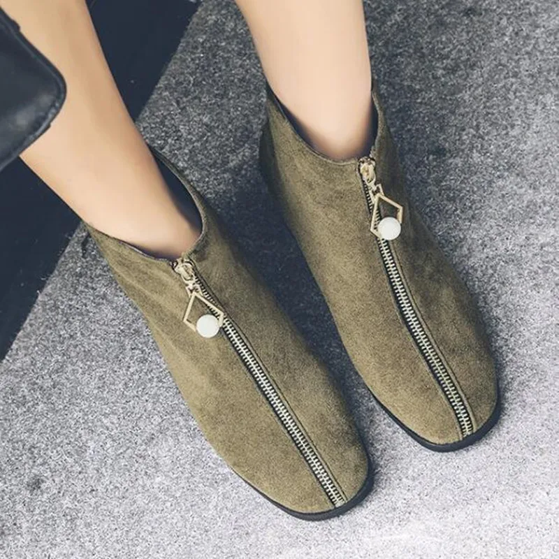 

Autumn and winter Han edition new style square head thick front zipper boots low tube women boots Rome wind high heel boots