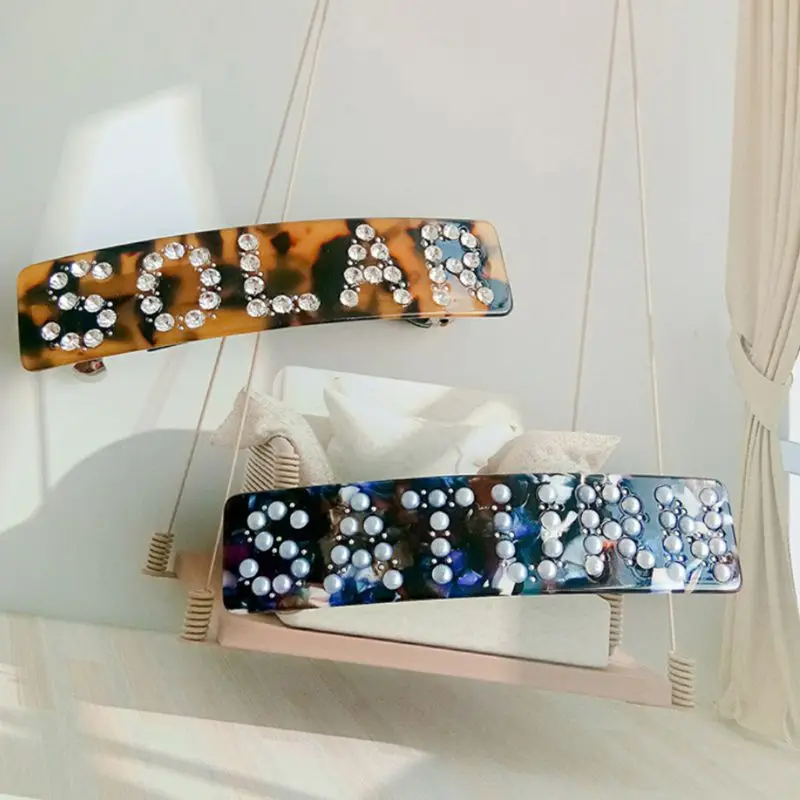 

Women Retro Leopard Acetate Spring Hair Clip Imitation Pearl Rhinestone Letters Rectangle Spring Ponytail Clamp Jewelry Barrette