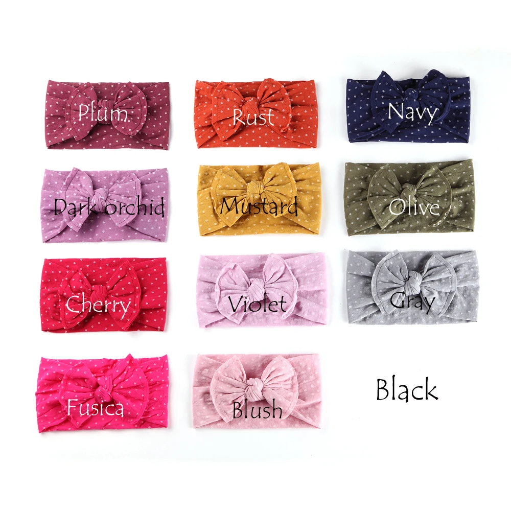 

100 pcs/lot, Wholesale White Polka Dot Nylon Bow Headwraps, Knot Bow nylon turban headbands, Kids Girls Hair Accessories