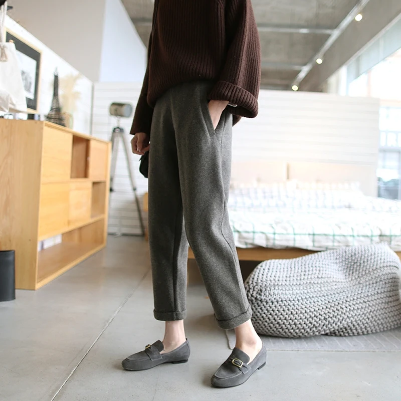 Зимние шерстяные толстые брюки женские по щиколотку свободные с высокой талией с эластичными однотонными Шароварами повседневные корейские