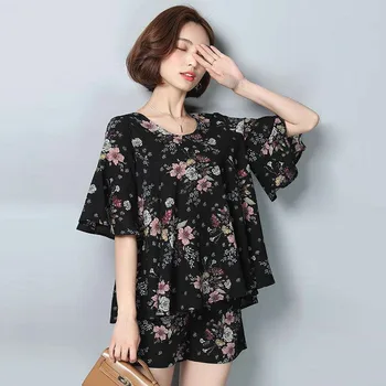 

Summer Women Sets Fashion Floral Print Flare Half Sleeve T Shirt Tops+Shorts Suits Women Casual Loose Two Pieces Set H