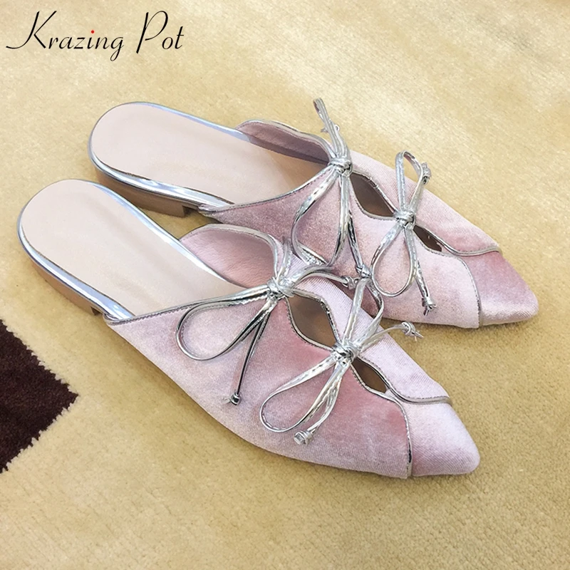 

Krazing Pot natural leather velvet shoes low heels pointed toe summer superstar big size street wear butterfly-knot sandals L98