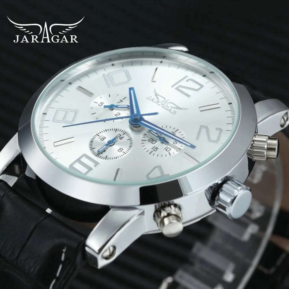 

JARAGAR Top Brand Luxury Men Automatic Watches Leather Strap 3 Sub-dials 6 Hands Mechanical Wristwatches Arabic Numerals Clock