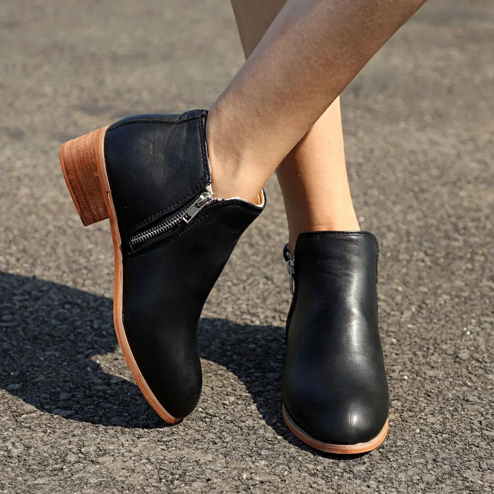 EOEODOIT/кожаные ботинки; сезон весна-осень; короткие ботильоны на среднем массивном каблуке с боковой молнией и острым носком; женские повседневные туфли-лодочки размера плюс