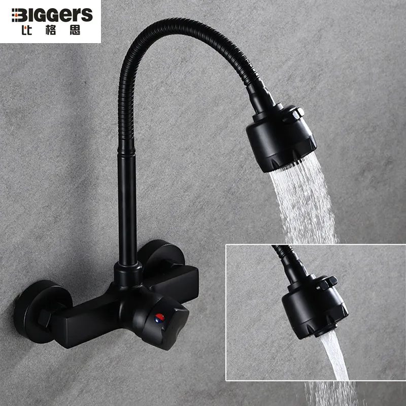 

Free shipping Black color wall mounted kitchen faucet Rotatable cold hot water sink mixer tap single handle control