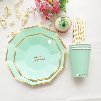 

Mint Tableware Set Plate Cup Straw Boy Girl Kid 1st Birthday Supply Paper Tableware 16 plates 8 cup 20 Gold Foil Stripe Straws