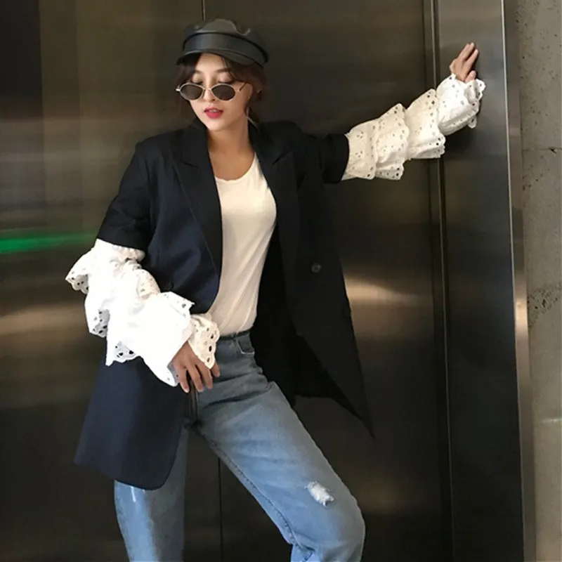 2019 New Casual Striped Blazer Coats Notched Women Flare Sleeve Ruffle Long Blazers White Patchwork Lace Blazers