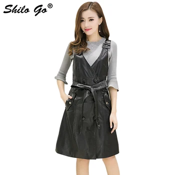 

Fashion Street Women's Formal office V-Neck Shoulder Sashes Sleeveless Sheepskin Genuine Leather dress Ladies Dress