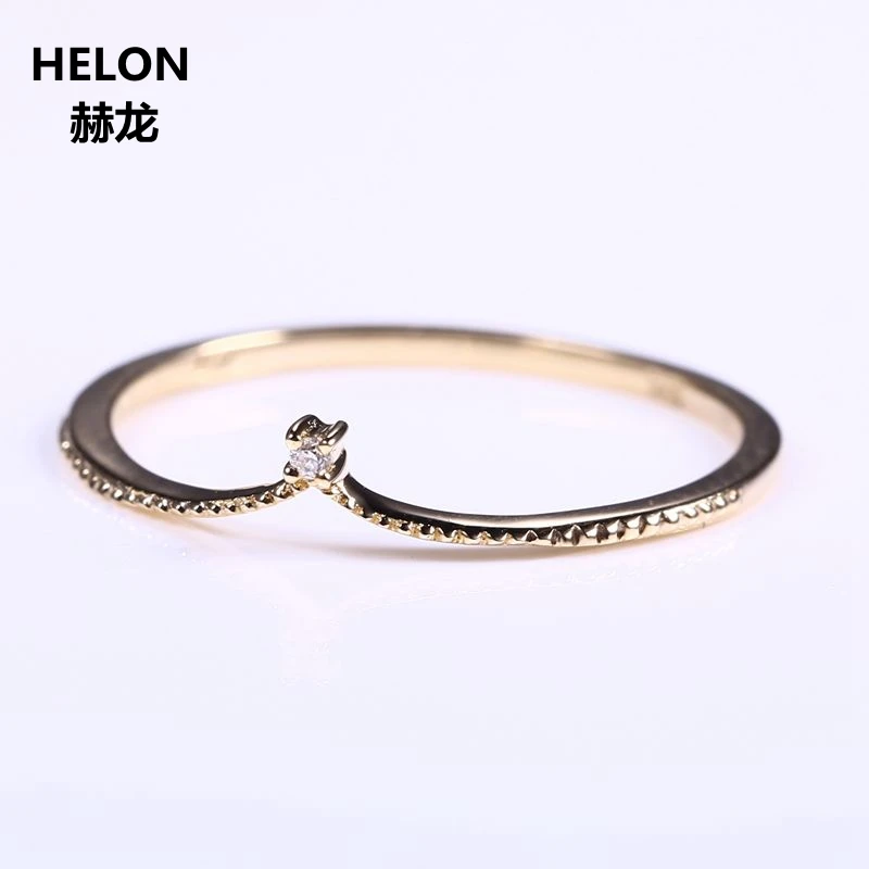 Цельное обручальное кольцо 10 к из желтого золота с натуральным бриллиантом, Женское Обручальное кольцо, v-образная форма, хорошее ювелирное изделие, тонкое милое романтическое кольцо Millgrain