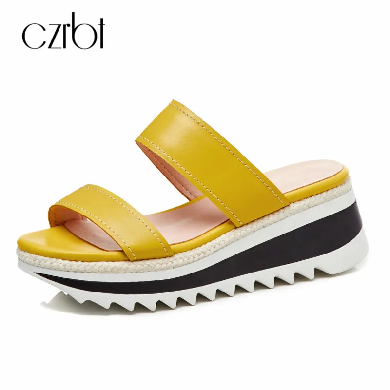 

CZRBT Genuine Leather Shoes Women Summer Causal High Platform Wedges Heels Women Big Size Outside Light Comfortable Slides
