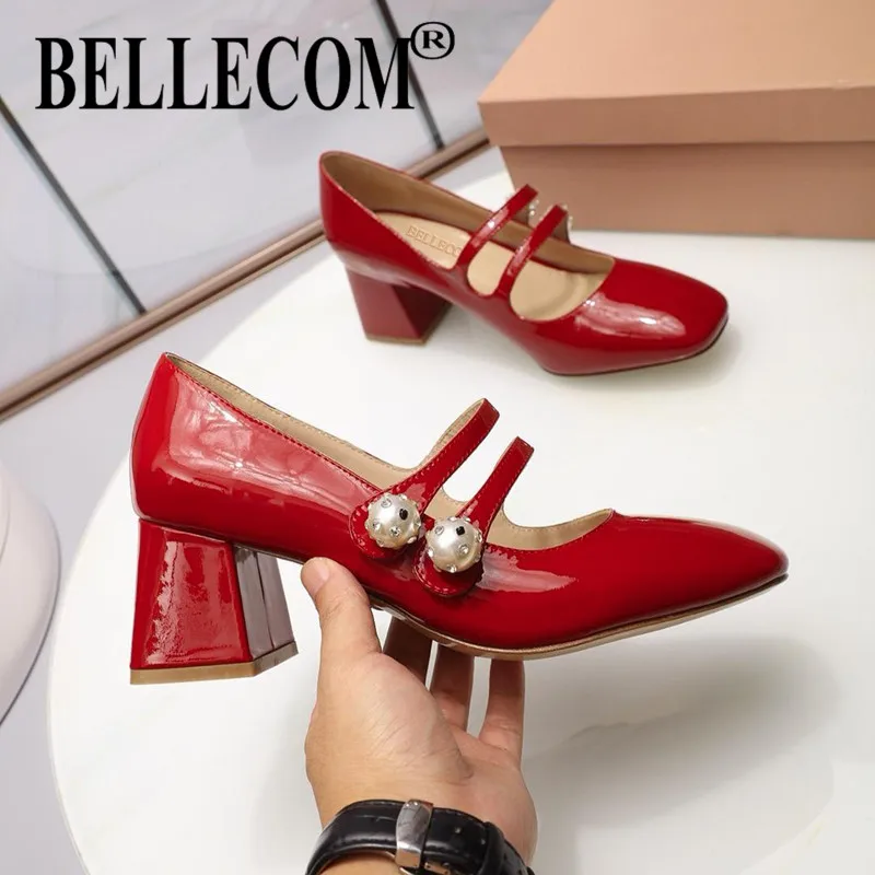 

BELLECOM Mid-heel Mary Jane shoes spring/summer 2019 vintage pearl chunky heels with one-button heels women's leather pumps