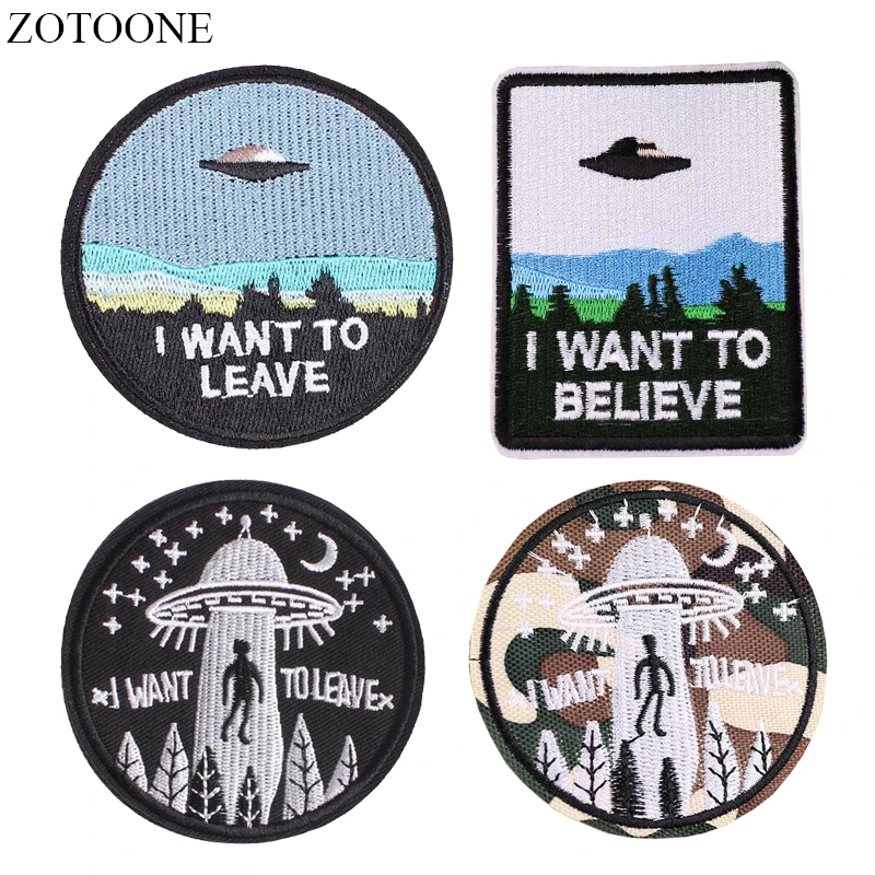 

ZOTOONE UFO Alien Patches for Clothing Backpack Iron on Applique Embroidery I WANT TO LEAVE Patch Stickers on Clothes DIY Jacket