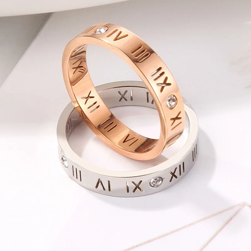 

luxury Rose Gold crystal Cubic Zirconia Rings Roman Numerals Lovely Wedding rings for Women accessories couple ring bijoux homme