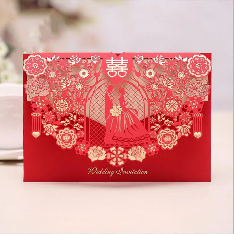 100pcs Gold Red White Laser Cut Wedding Invitations Card Bride and groom Greeting Cards Customize Wedding Party Favor Decoration