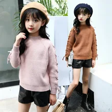 Г., элегантный дизайн, весенне-осенний вязаный свитер с круглым вырезом для девочек, розовый и хаки, милый пуловер для школьниц, свитер возраст от 5 до 12 лет