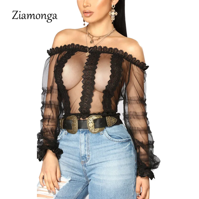 Ziamonga вышивка прозрачная сетчатая кружевная блузка рубашка женская сексуальная с длинным рукавом белая черная Летняя Пляжная блуза Blusas женские топы