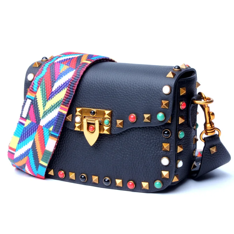 New ladies colored rivet leather square bag European and American trendy ladies leather diagonal bag shoulder bag