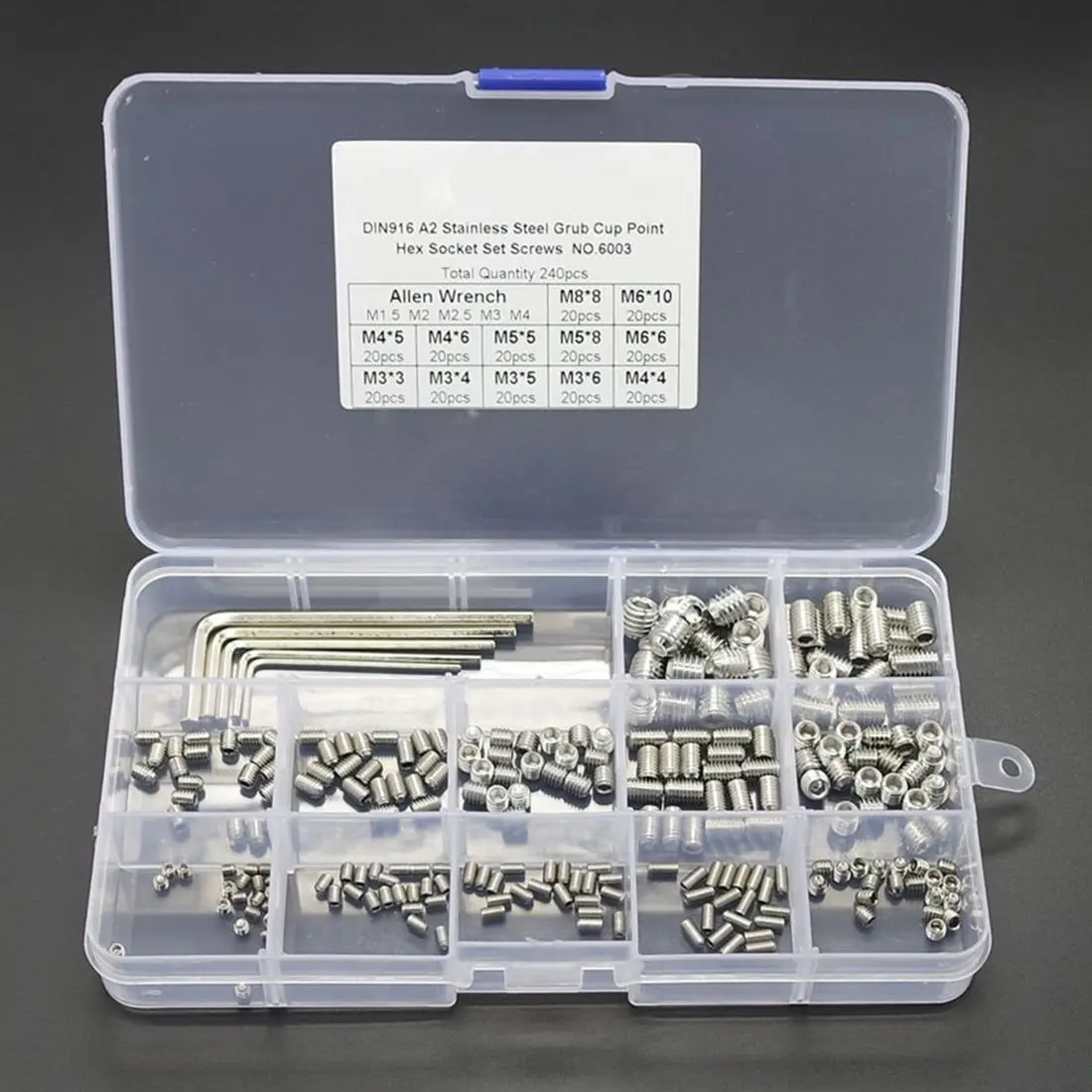 

CNIM Hot 240Pcs Grub Screw Cup Point Hex Head Socket Set M3x3 M3x4 M3x5 M4x4 M4x5 M4x6 M5x5 M5x8 M6x6 M6x10 M8x8 Hex Key Wrenc