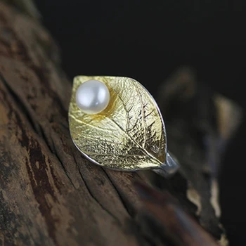 

Acecare Ring New 925 Sterling Silver Natural Pearl Women Wedding 2019 Fashion Elegant Fine Jewelry Adjustable Leaf Ring For Gift