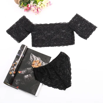 

2017 women's off shoulder lace underwear sets black short sleeve tops and triangle underwear two pieces femine