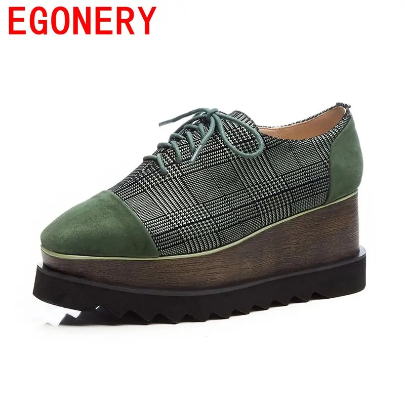 

EGONERY platform shoes genuine leather kid suede square toe lace up skid resistance wedges heels college girls woman shoes