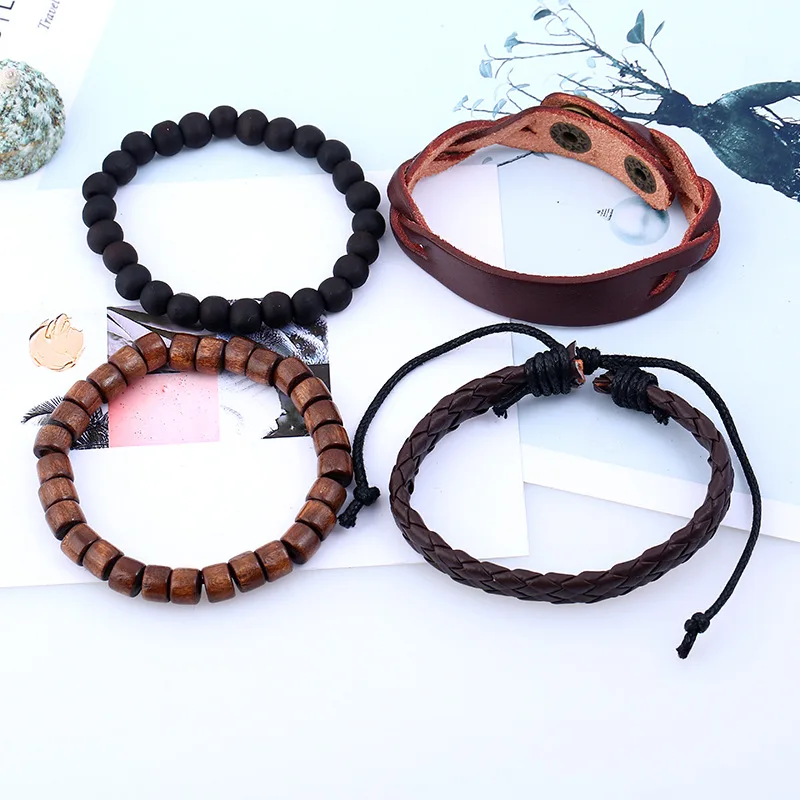 4pcs/set New Vintage Rope Handmade Bead Woven Leather Men Bracelets Women Bangles Female Rock Men Jewelry Accessories