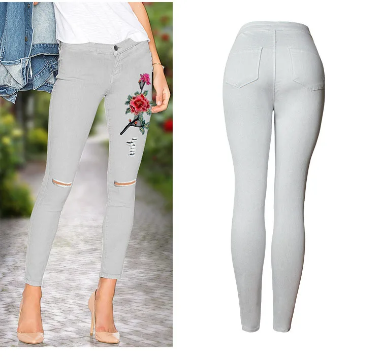 2017 Hot Fashion Women Clothing White Jeans 3D Embroidery Slim Feet Pants Jeans Knee Hole Female Pencil Pants Trousers Leggings (14)