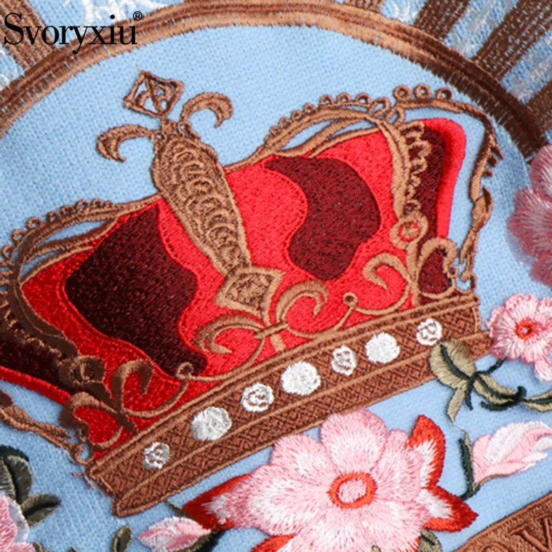 Svoryxiu 2018 Runway luxury Winter Knitting Pullovers Women's High Quality Floral Crown Embroidery Casual Loose Blue Sweater