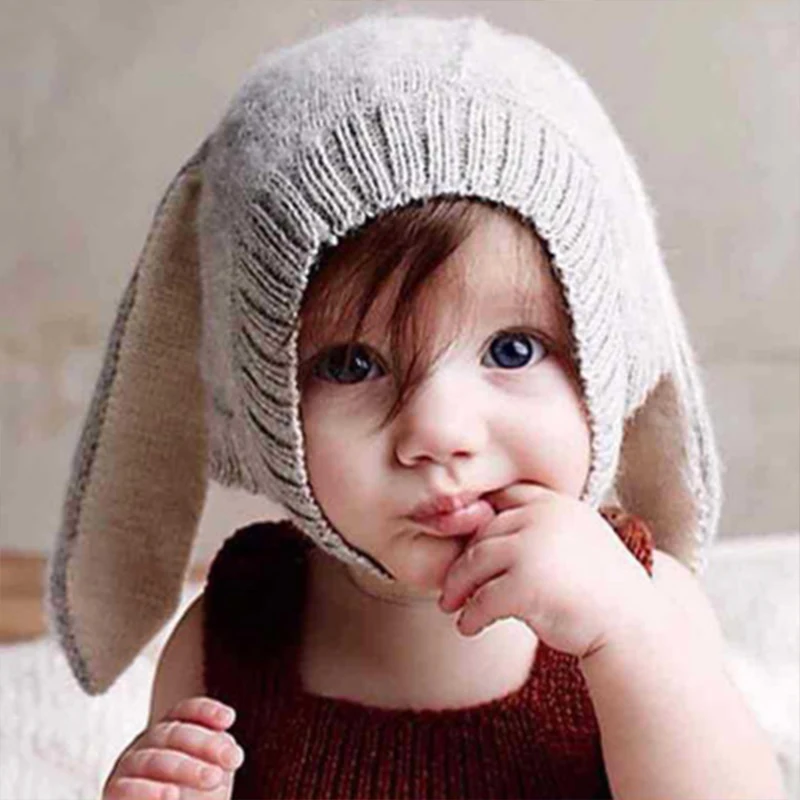 Новинка; милая детская зимняя шапка с заячьими ушками; шапка с кроличьими ушками для маленьких девочек; шапка для новорожденных; реквизит для фотосессии; Вязаная хлопковая шапочка с защитой ушей