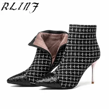 

RLINF 2018 Autumn and Winter New Stiletto Heels Thousand Bird Plaid Large Size 31-45 Women's