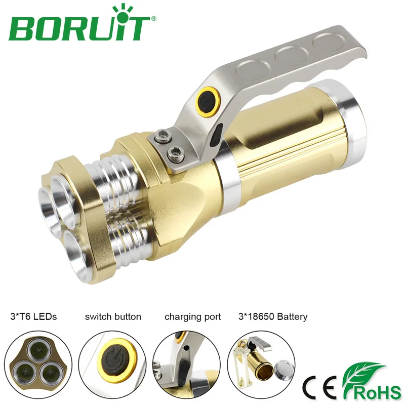 

BORUiT Ultra Bright 3 XML T6 LED Flashlight Rechargeable 3-Modes Flashlight Portable Handle Light For Camping Hunting Torch Lamp