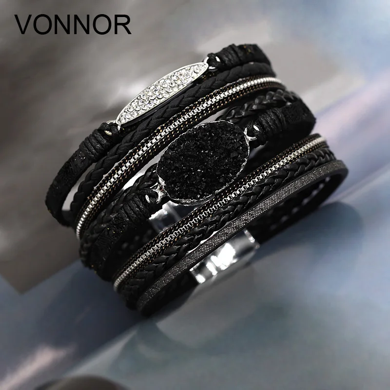 

VONNOR Women Bracelet Jewelry Multilayer Leather Rope Chain Alloy Inlaid Rhinestone Bracelets Female Accessories Dropshipping