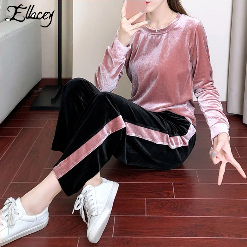 Ellacey новый осенний комплект из двух предметов топ и штаны черный розовый