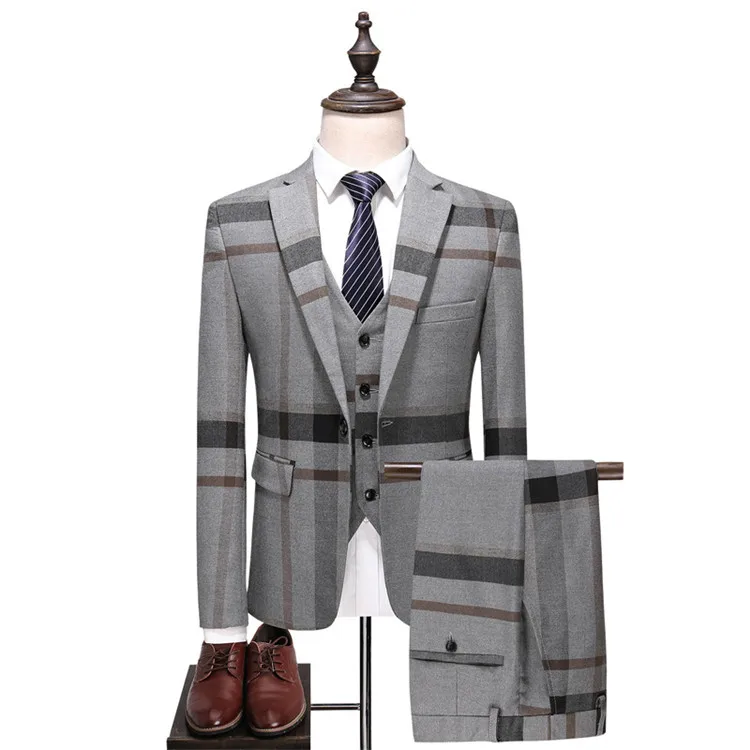Мужской городской Модный высококачественный Британский клетчатый Свадебный Банкетный тонкий пиджак комплект из 3 предметов (костюм +