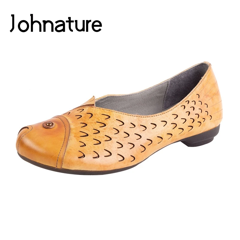

Johnature 2019 New Spring Genuine Leather Hoof Heels Round Toe Casual Fish-shaped Retro Shallow Women Shoes Pumps