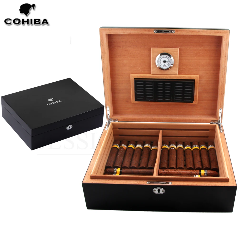 COHIBA Cedar Wood Cigar Humidor Box Puro Case W/ Hygrometer Humidifier Black Cigar Box Humidor