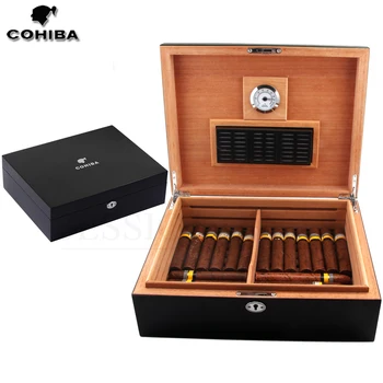 

COHIBA Cedar Wood Cigar Humidor Box Puro Case W/ Hygrometer Humidifier Black Cigar Box Humidor Charuto Fit 75 Cigars