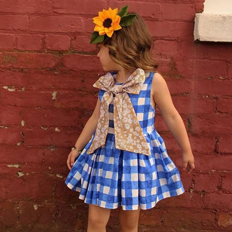 

Kids Dress for Girls Sleeveless Girls Plaid Dress with Big Bow Summer Children Clothing Princess Girl Birthday Dresses D0804