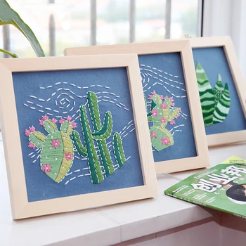 

DIY Embroidery Ribbons Needlework Decorative Painting Cross Stitch Kit frame Cactus Plant Prints Sewing Craft Home decor 20*20cm