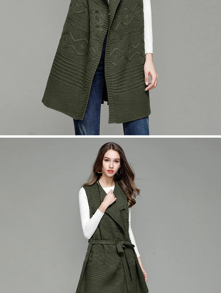Fashion new European and American women's long paragraph lapel knit cardigan sleeveless vest sweater coat female (6)