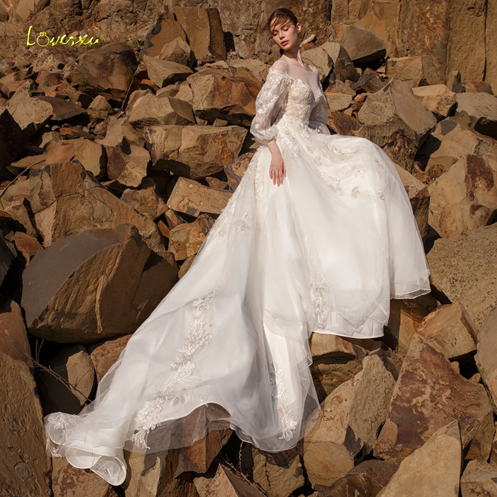 

Loverxu Scoop A Line Wedding Dress Delicate Applique Long Lantern Sleeve Backless Bride Dress Chapel Train Bridal Gown Plus Size