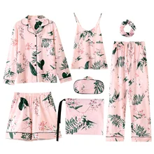 7 шт./компл. пижамы для Для женщин хлопковые пижамы, футболка с цветочным рисунком Пижама Mujer Pijama, одежда для сна, пижама для отдыха домашняя одежда