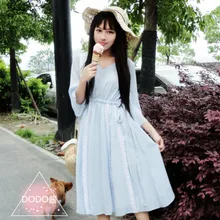 Mori Girl; Винтажный стиль; кружевное платье Hanfu, адаптированное к цвету; летнее платье с коротким рукавом в стиле Лолиты; Fary одеяние бренда кei; синий цвет