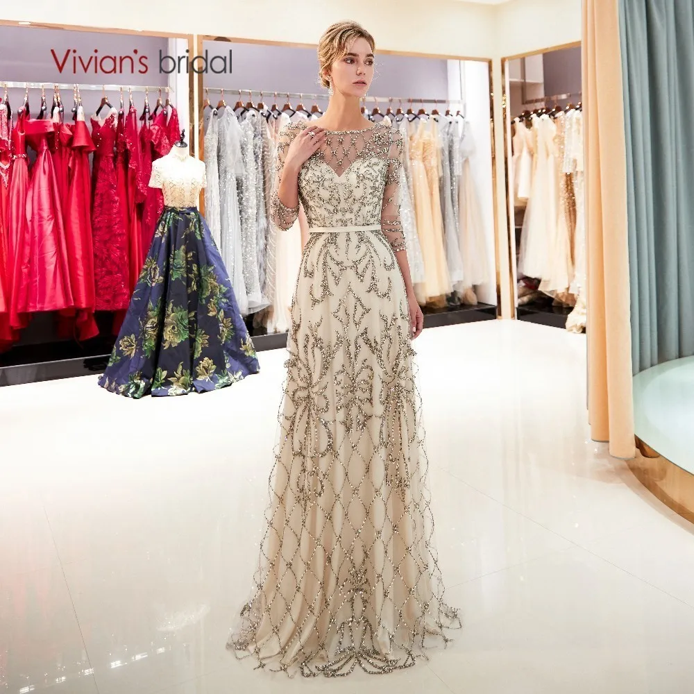 

Vivian's Bridal 2018 Hand Made Crystal Bead Pattern Women Formal Evening Dress Navy Blue Champagne Gold Sweep Train Full Dress