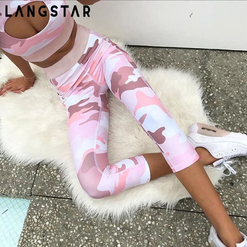 

LANGSTAR Women Slim Yoga Sets Sleeveless Exercise Shirts Round Collar Fitness Cut Out Camouflage Pocket Gym Running Sports Suit