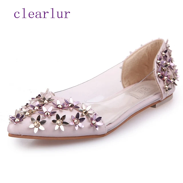 

Luxury designer female flower shoes pointed transparent patchwork flat shoes fashion sweet rose flower ballet shoes woman C0261