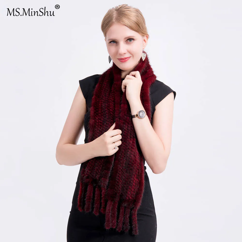 

MS.MinShu Unisex Hand Knitted Mink Fur Scarf Genuine Mink Fur Neck Warmer Fashion Scarf with Fringes Winter Real Fur Scarf