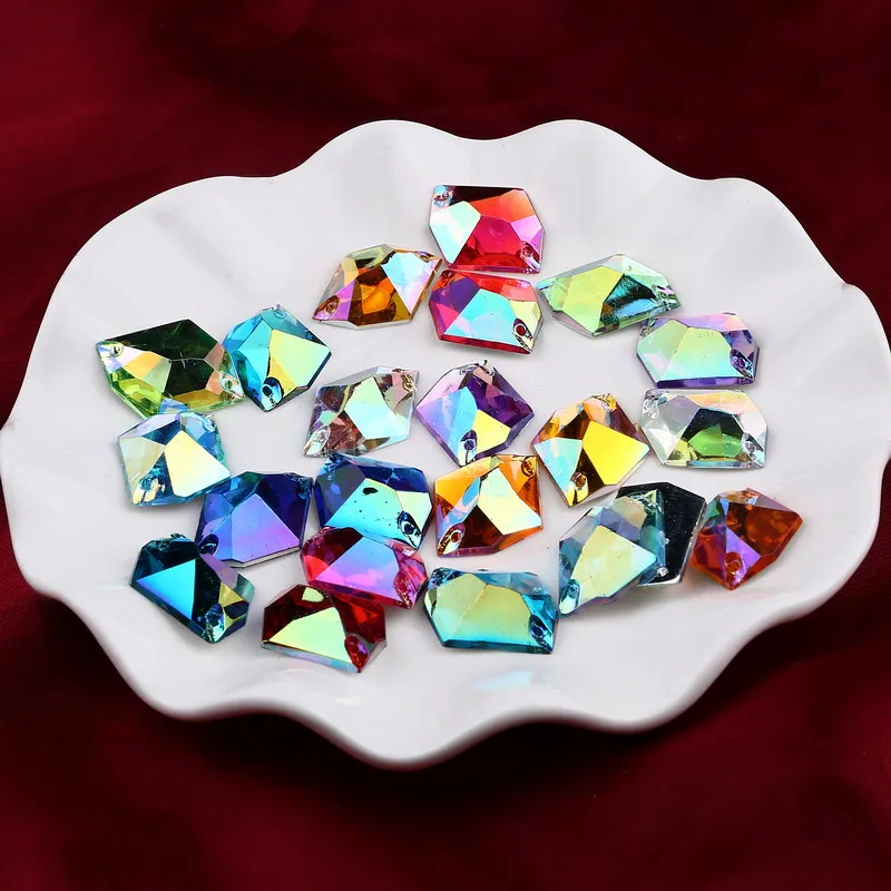 

13X16MM Sewing 50PCS Painting AB Rhinestones Flatback Acryl Diamond with 2Holes Sew On Acrylic lozenge Gems for woman Shoes