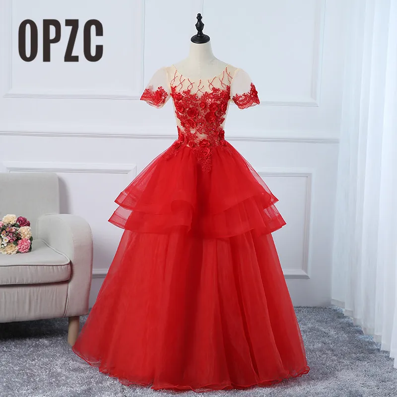

OPZC 2018 Simple Red Evening Dress Floor-Length Applique Sequined O- Neck Three Tiered Ball Gown Festival Formal Party Marriage